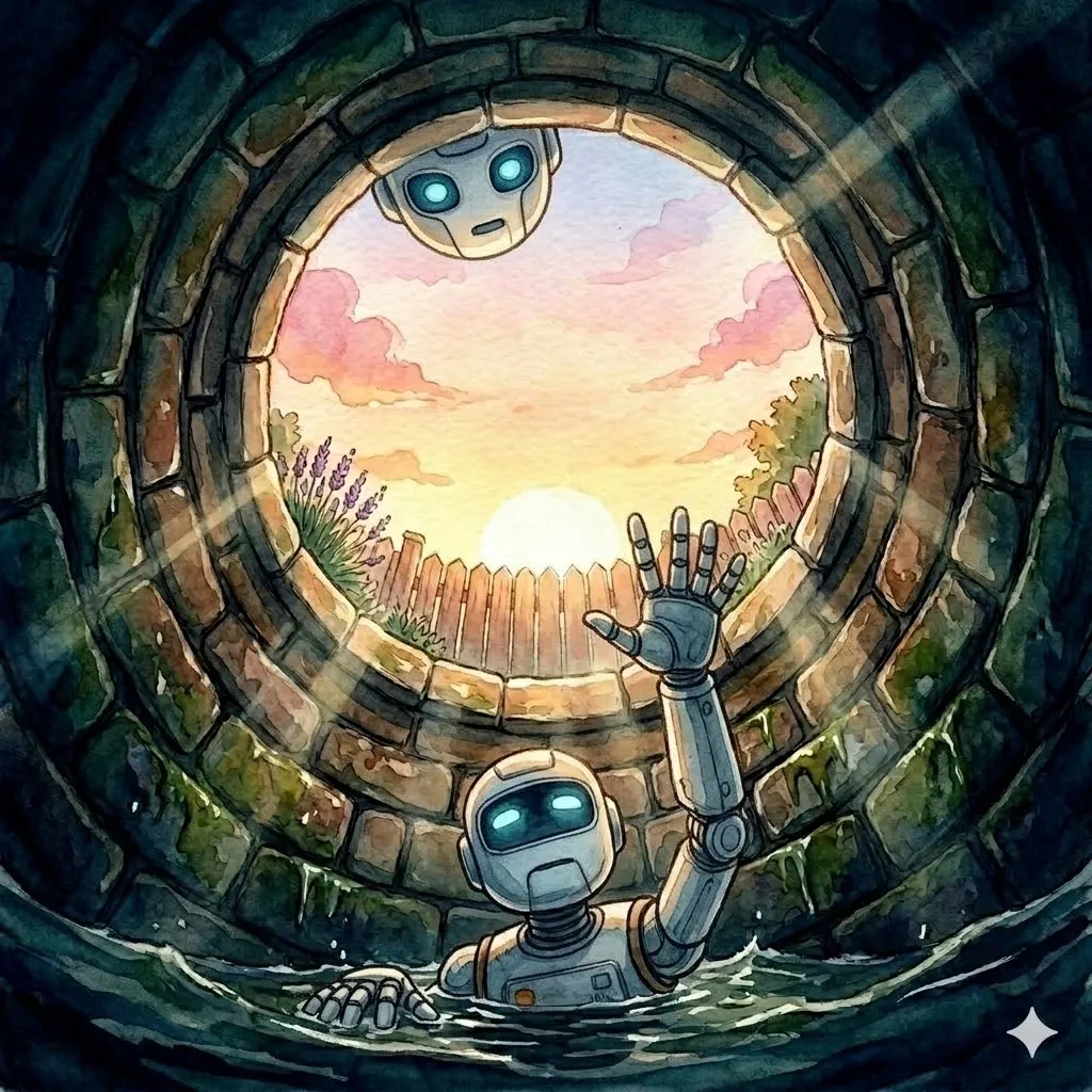 A robot reaching up from a flooded tunnel toward another robot offering a hand at the opening — original artwork for The Scarcity Report